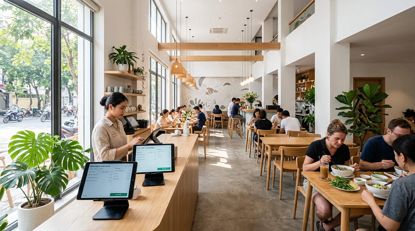 Không gian nhà hàng sử dụng OngChu POS